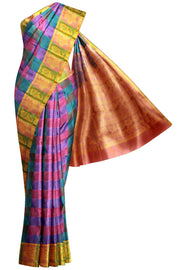 Handloom pure silk saree in multicolour geometric pattern with peacock motifs in pallu. - Anivartee