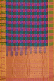 Handloom pure silk saree in multicolour geometric pattern with peacock motifs in pallu. - Anivartee