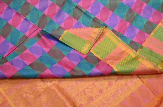 Handloom pure silk saree in multicolour geometric pattern with peacock motifs in pallu. - Anivartee