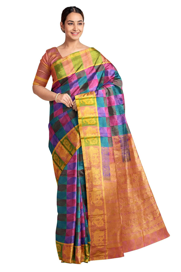 Handloom pure silk saree in multicolour geometric pattern with peacock motifs in pallu. - Anivartee
