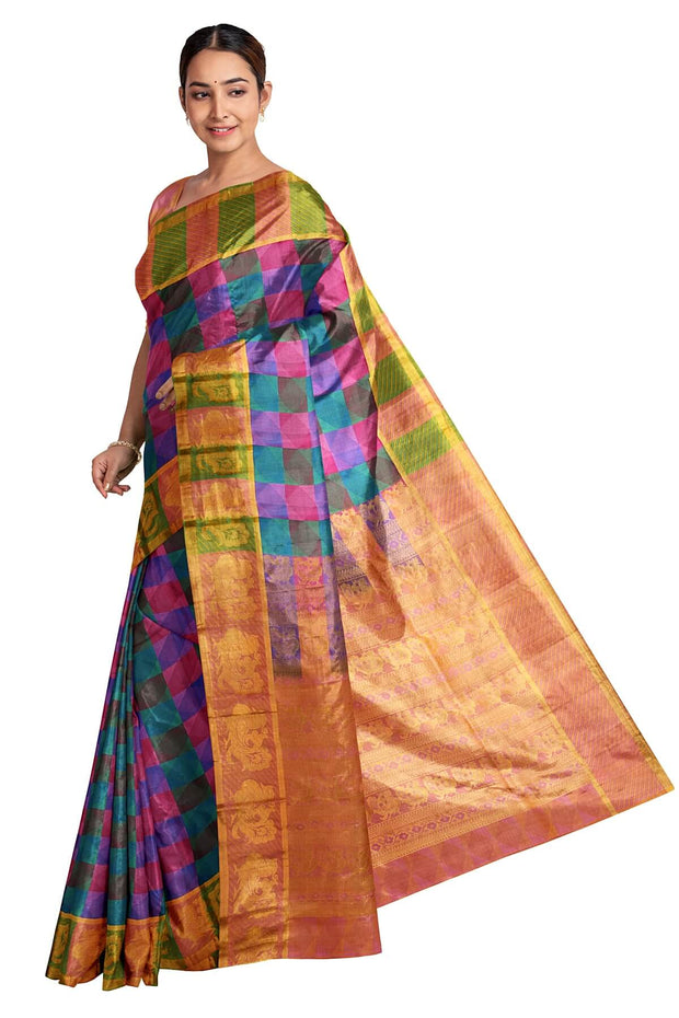 Handloom pure silk saree in multicolour geometric pattern with peacock motifs in pallu. - Anivartee