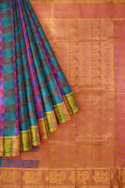 Handloom pure silk saree in multicolour geometric pattern with peacock motifs in pallu.