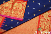 Handwoven Kanchi pure silk pure zari saree in navy blue with peacock & disc motifs in gold and silver