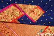 Handwoven Kanchi pure silk pure zari saree in navy blue with peacock & disc motifs in gold and silver