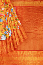 Kanchipuram pure silk printed saree in  two tone coral- orange & peach with birds and paisley floral vines.