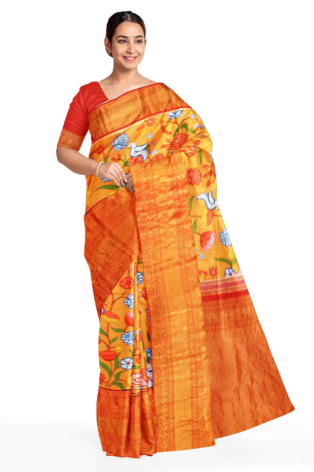 Kanchipuram pure silk printed saree in  two tone coral- orange & peach with birds and paisley floral vines.