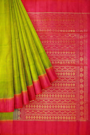 Kanchi pure silk saree in  green with zari lines and  floral pattern in pallu