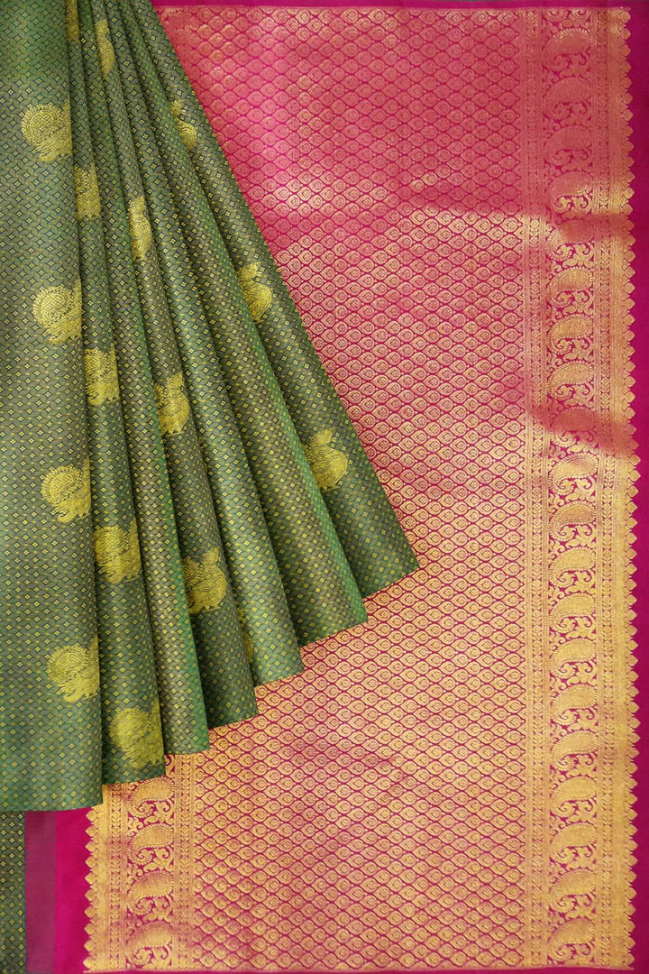 Handwoven Kanchi  pure silk saree  with peacock motifs.