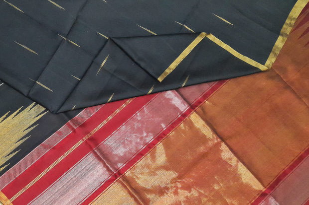 Kanchi soft silk saree in black with big temples