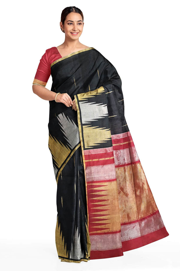 Kanchi soft silk saree in black with big temples