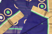 Handloom Kanchi silk cotton saree in blue with round motifs on the body