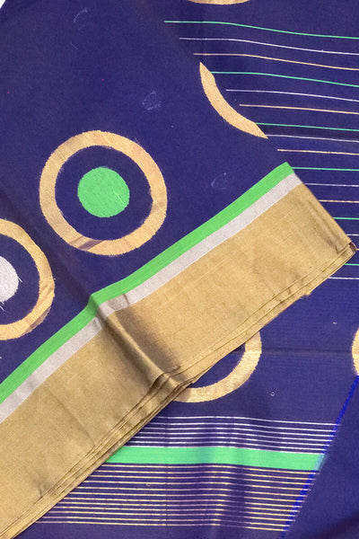 Handloom Kanchi silk cotton saree in blue with round motifs on the body