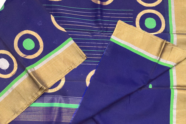 Handloom Kanchi silk cotton saree in blue with round motifs on the body