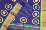 Handloom Kanchi silk cotton saree in blue with round motifs on the body