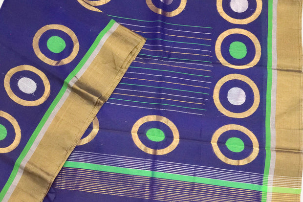 Handloom Kanchi silk cotton saree in blue with round motifs on the body