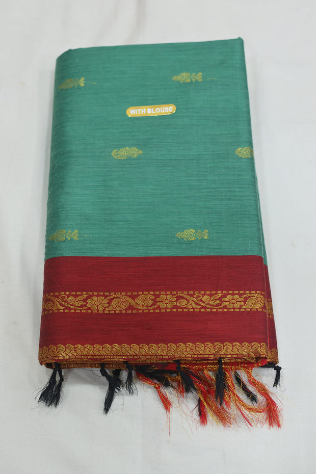 Handloom Kanchi silk cotton saree in teal green with rich pallu