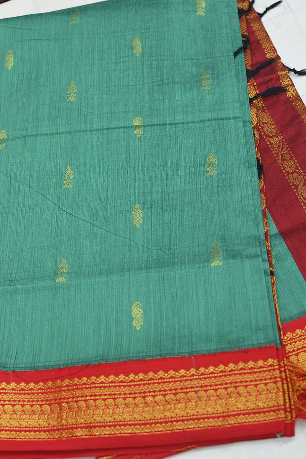 Handloom Kanchi silk cotton saree in teal green with rich pallu