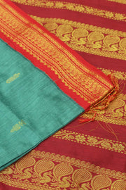 Handloom Kanchi silk cotton saree in teal green with rich pallu