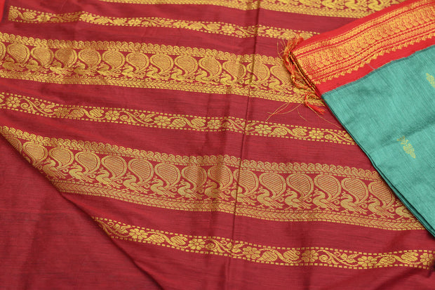 Handloom Kanchi silk cotton saree in teal green with rich pallu