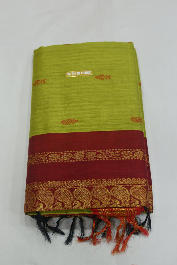 Handloom Kanchi silk cotton saree in parrot green