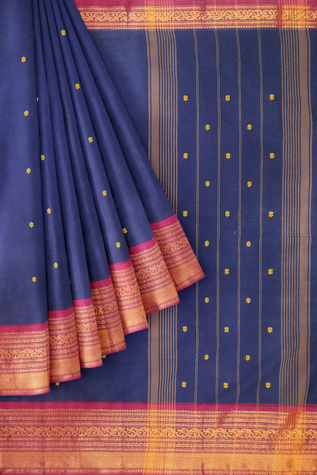 Kanchi pure cotton saree in navy blue with small buttis