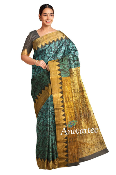 Printed Mulberry pure silk saree in black with floral motifs in blue and a temple border