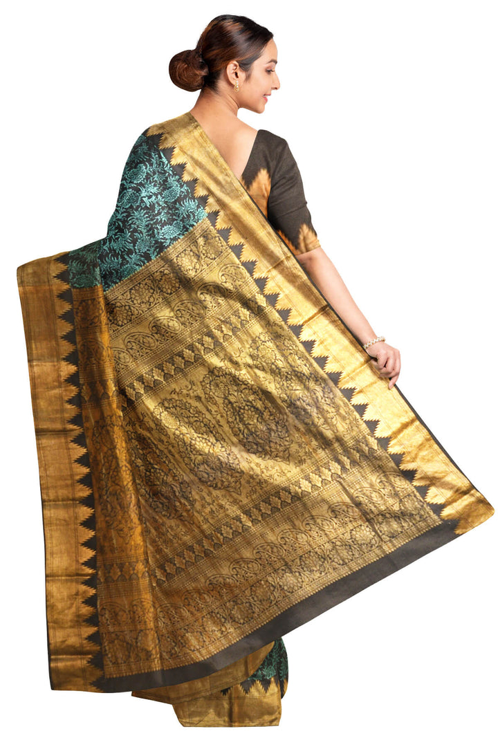 Printed Mulberry pure silk saree in black with floral motifs in blue and a temple border