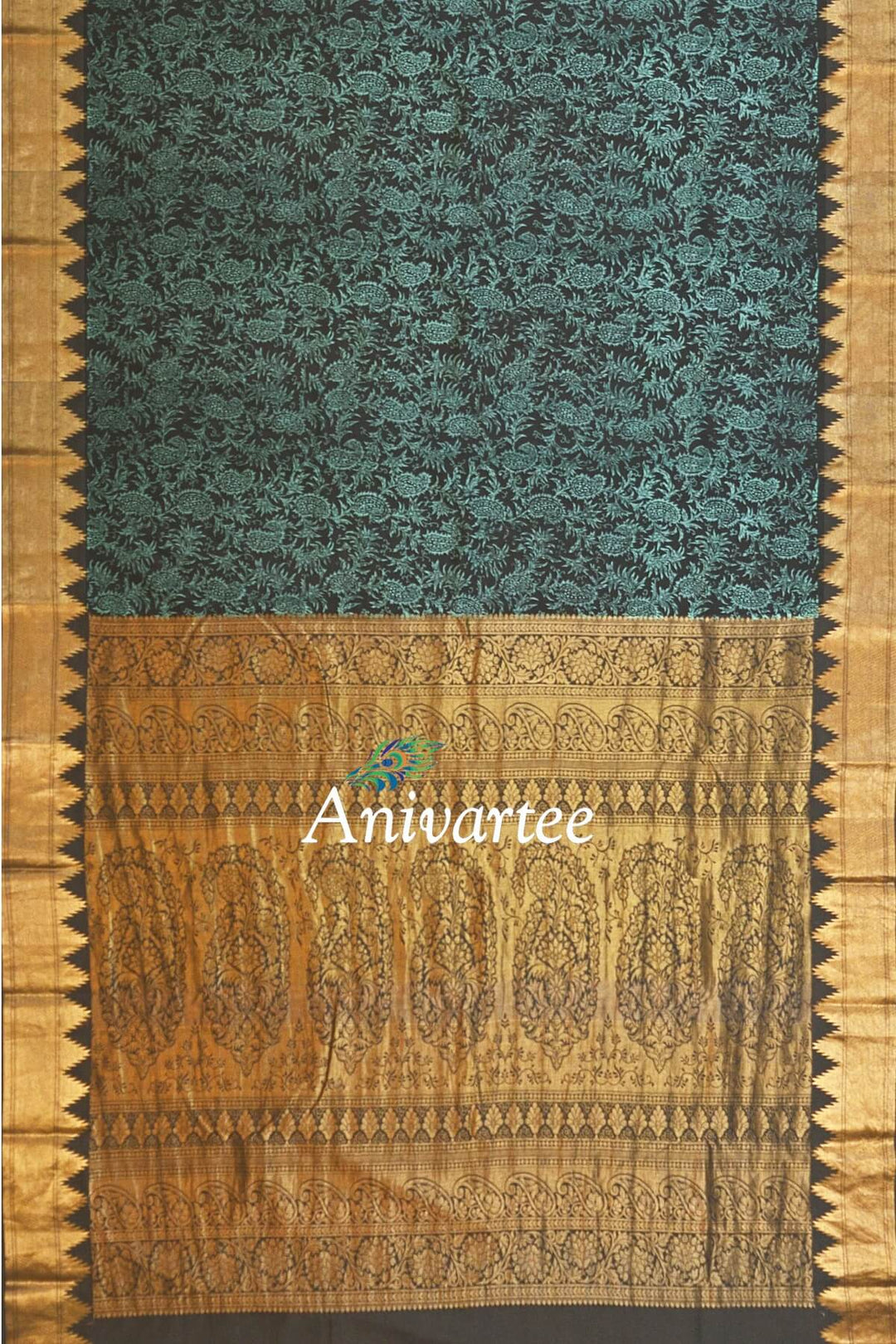 Printed Mulberry pure silk saree in black with floral motifs in blue and a temple border