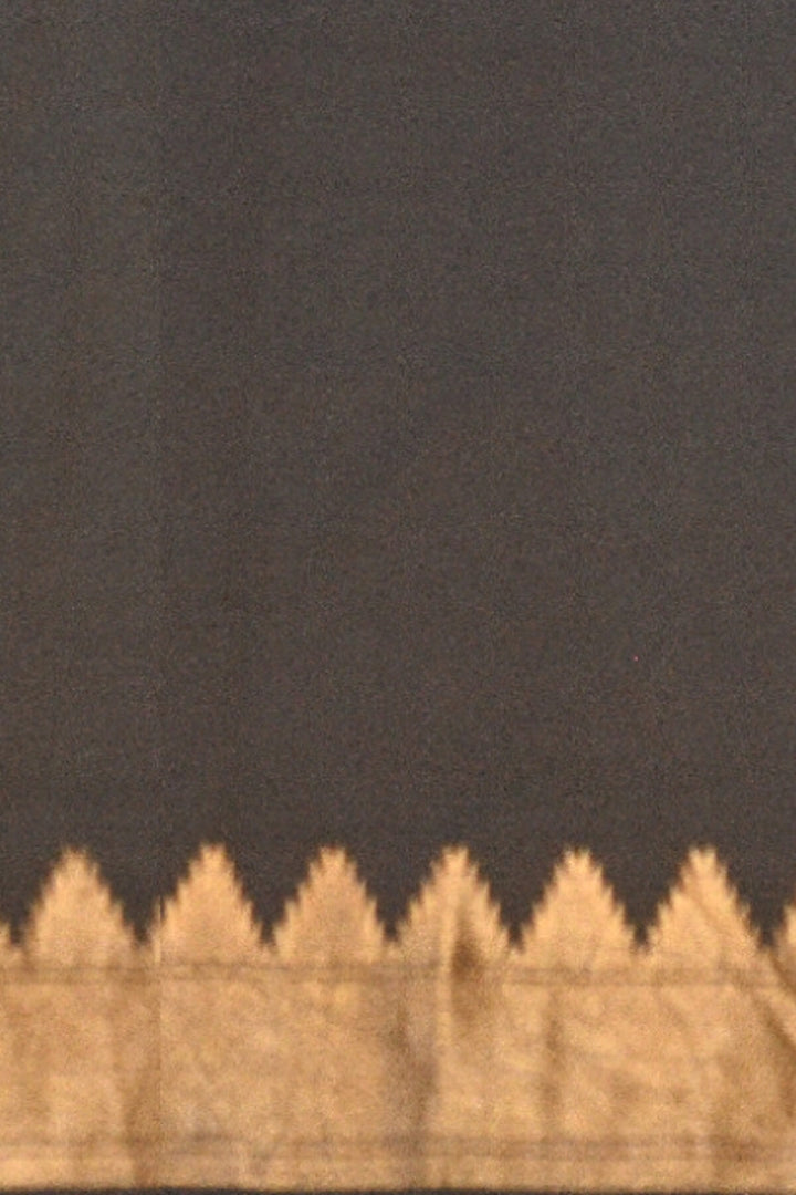Printed Mulberry pure silk saree in black with floral motifs in blue and a temple border