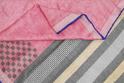 Pure linen saree in pink with a patterned skirt border & a striped pallu