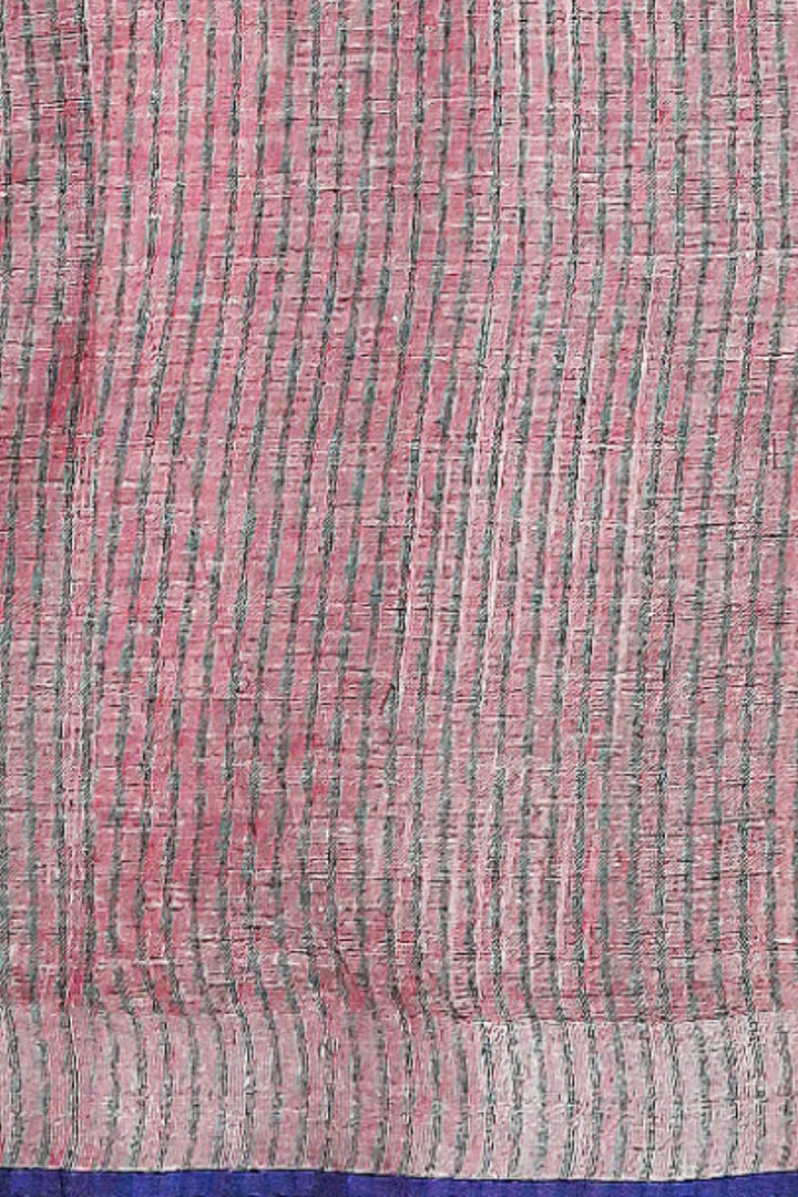 Pure linen saree in pink with a patterned skirt border & a striped pallu