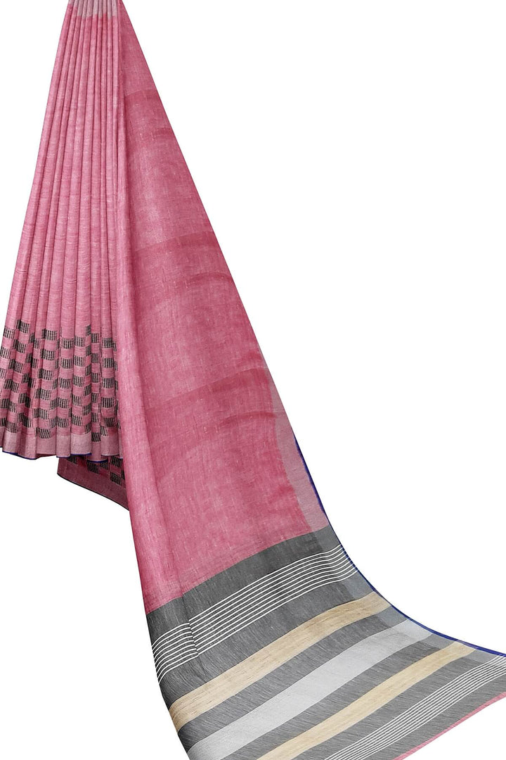 Pure linen saree in pink with a patterned skirt border & a striped pallu