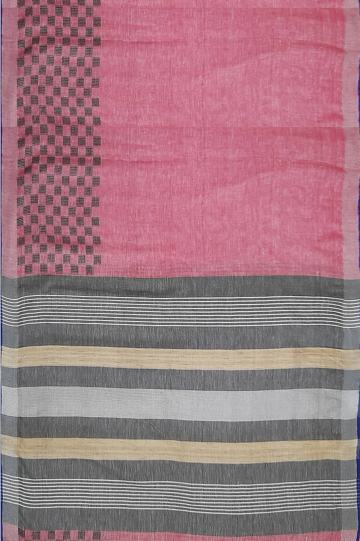 Pure linen saree in pink with a patterned skirt border & a striped pallu