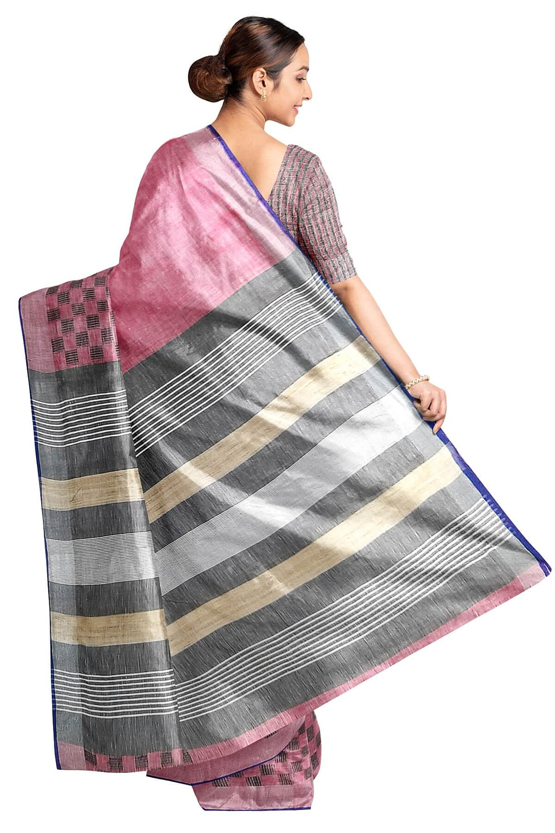 Pure linen saree in pink with a patterned skirt border & a striped pallu
