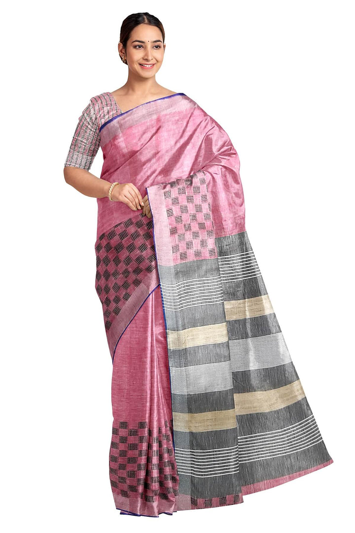 Pure linen saree in pink with a patterned skirt border & a striped pallu