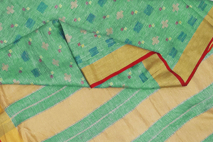 Pure linen saree in green with a pattern on the bodyr & a striped pallu