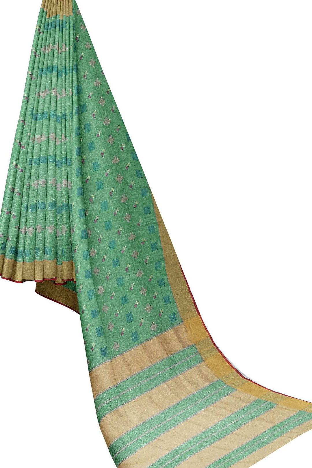 Pure linen saree in green with a pattern on the bodyr & a striped pallu