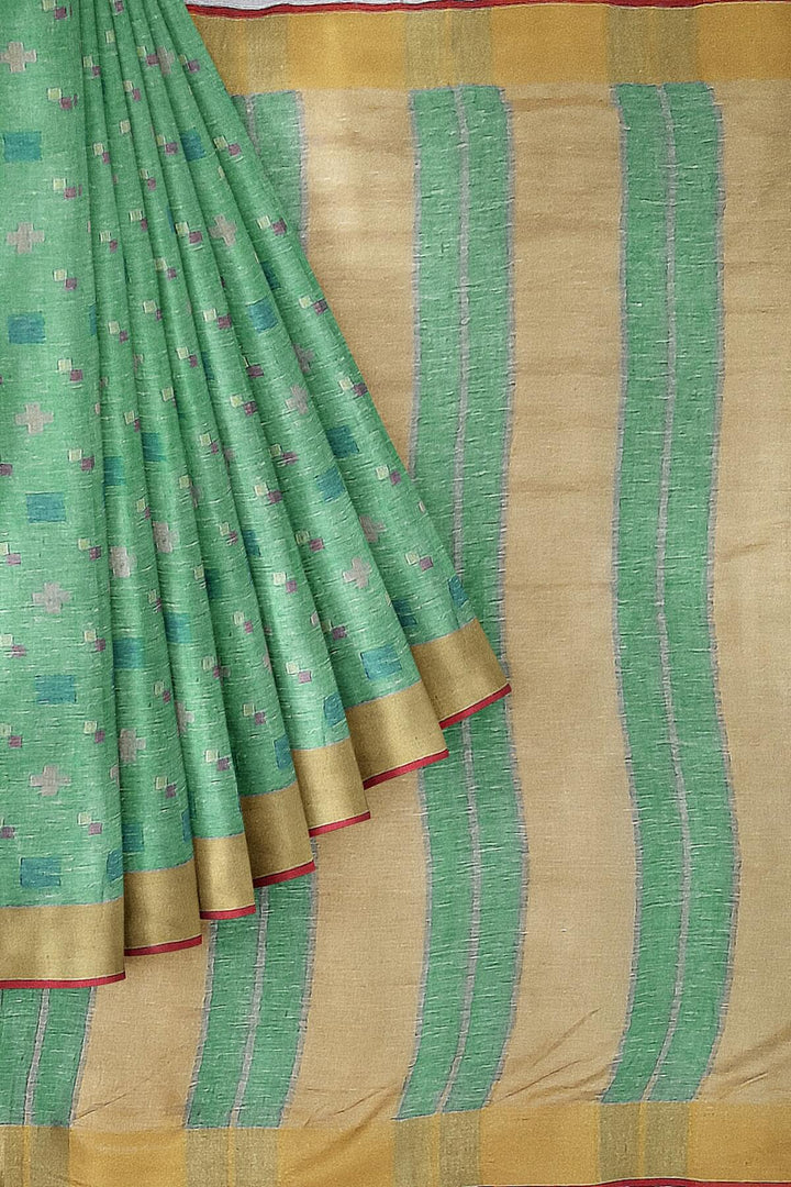 Pure linen saree in green with a pattern on the bodyr & a striped pallu