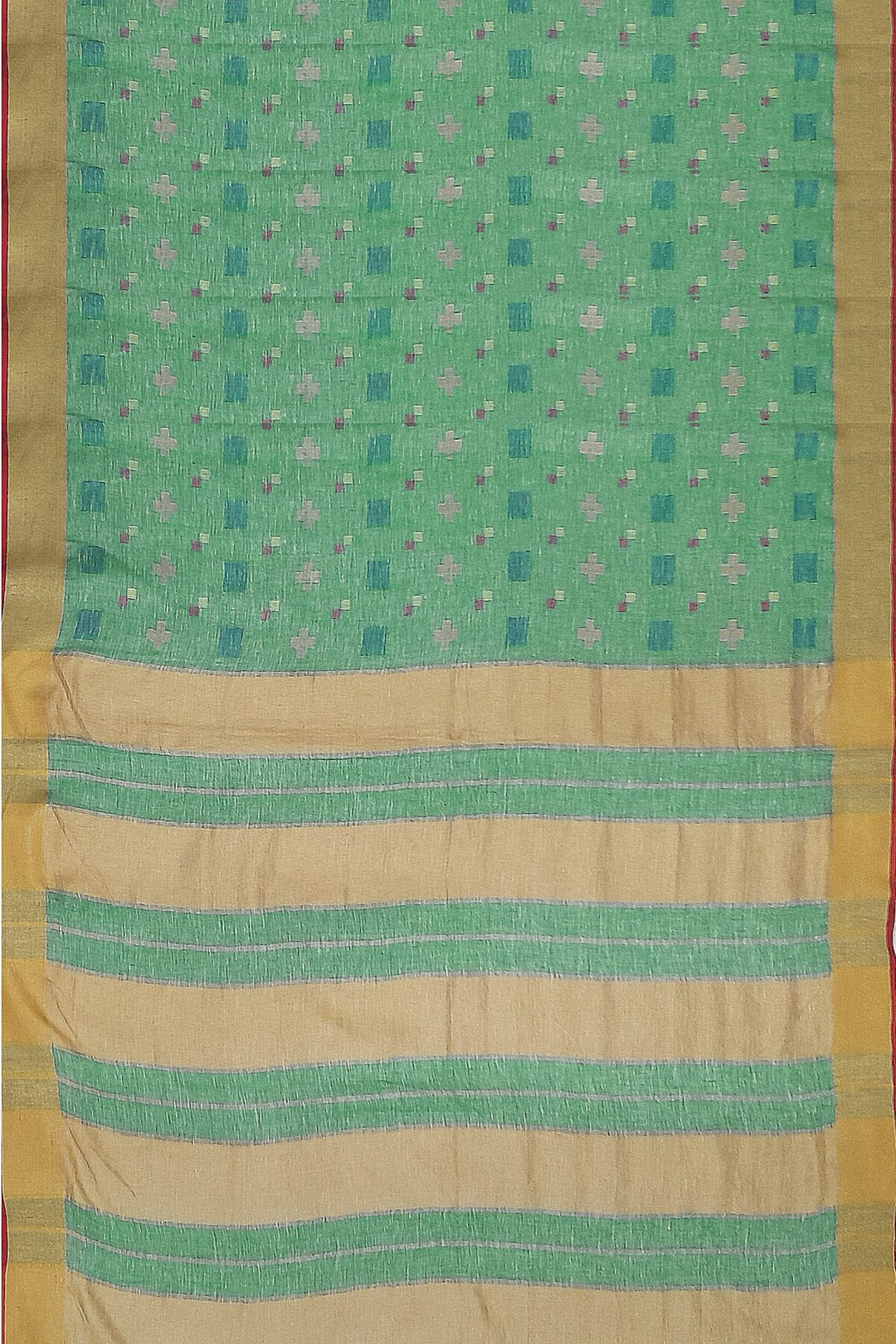 Pure linen saree in green with a pattern on the bodyr & a striped pallu