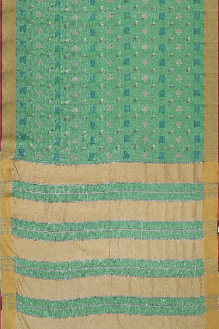 Pure linen saree in green with a pattern on the bodyr & a striped pallu