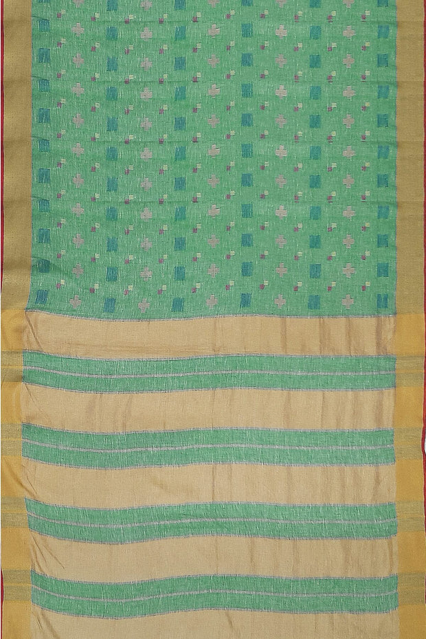 Pure linen saree in green with a pattern on the bodyr & a striped pallu