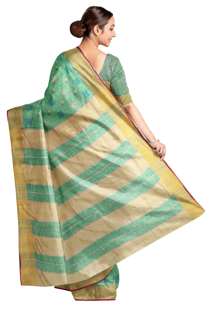 Pure linen saree in green with a pattern on the bodyr & a striped pallu