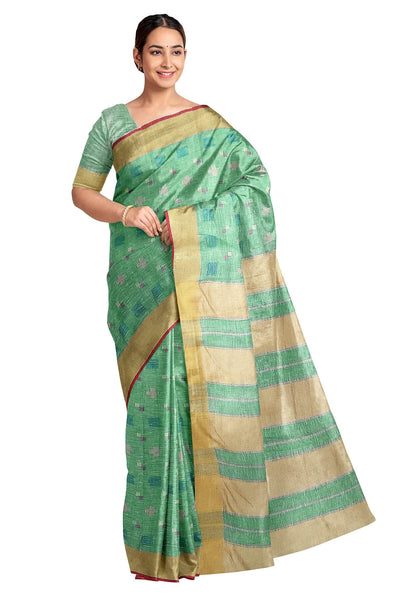 Pure linen saree in green with a pattern on the bodyr & a striped pallu