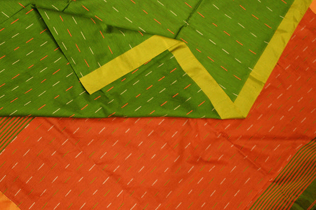 Beautiful pure linen saree in green with a pattern on the body & a contrast pallu in orange