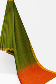 Beautiful pure linen saree in green with a pattern on the body & a contrast pallu in orange