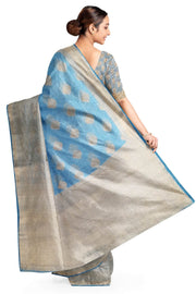 Linen silk saree in sky blue with Banarasi pallu & border