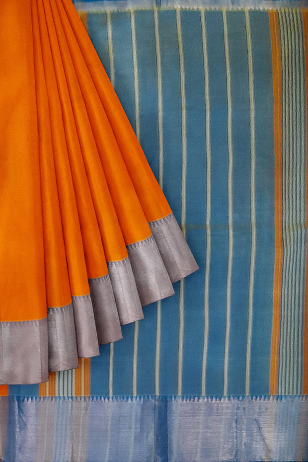 Handloom Mangalgiri silk cotton saree in peach with striped pallu