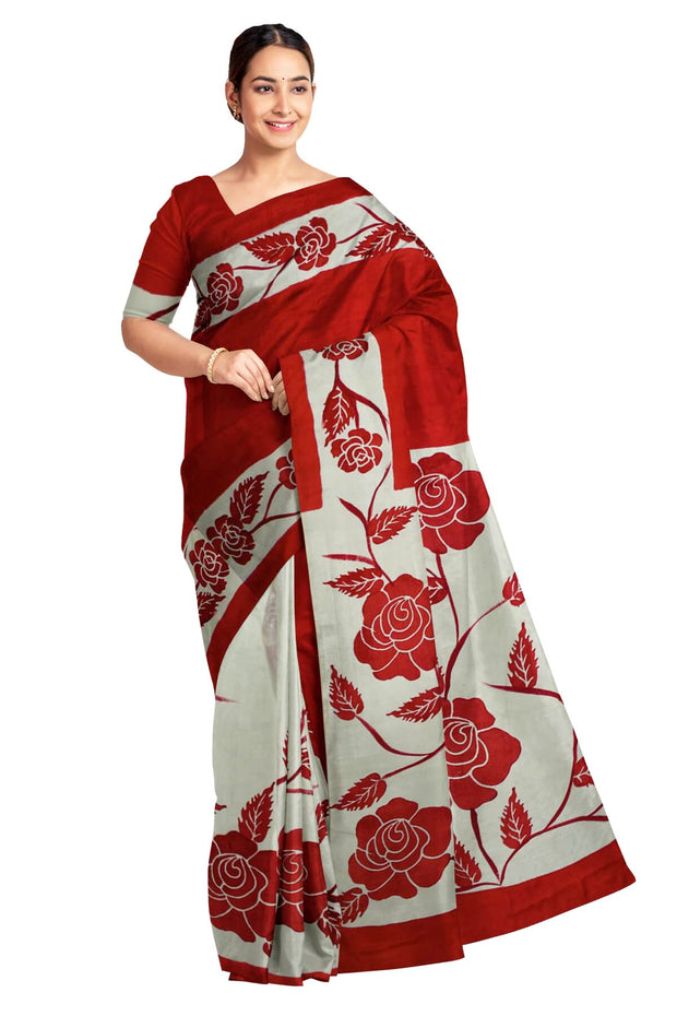 Printed  pure silk saree with floral pattern in red