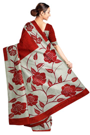 Printed  pure silk saree with floral pattern in red