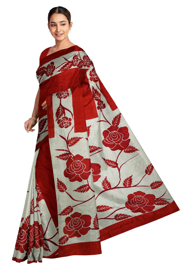 Printed  pure silk saree with floral pattern in red